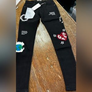 Campus brand, jeans, black, distressed, patched